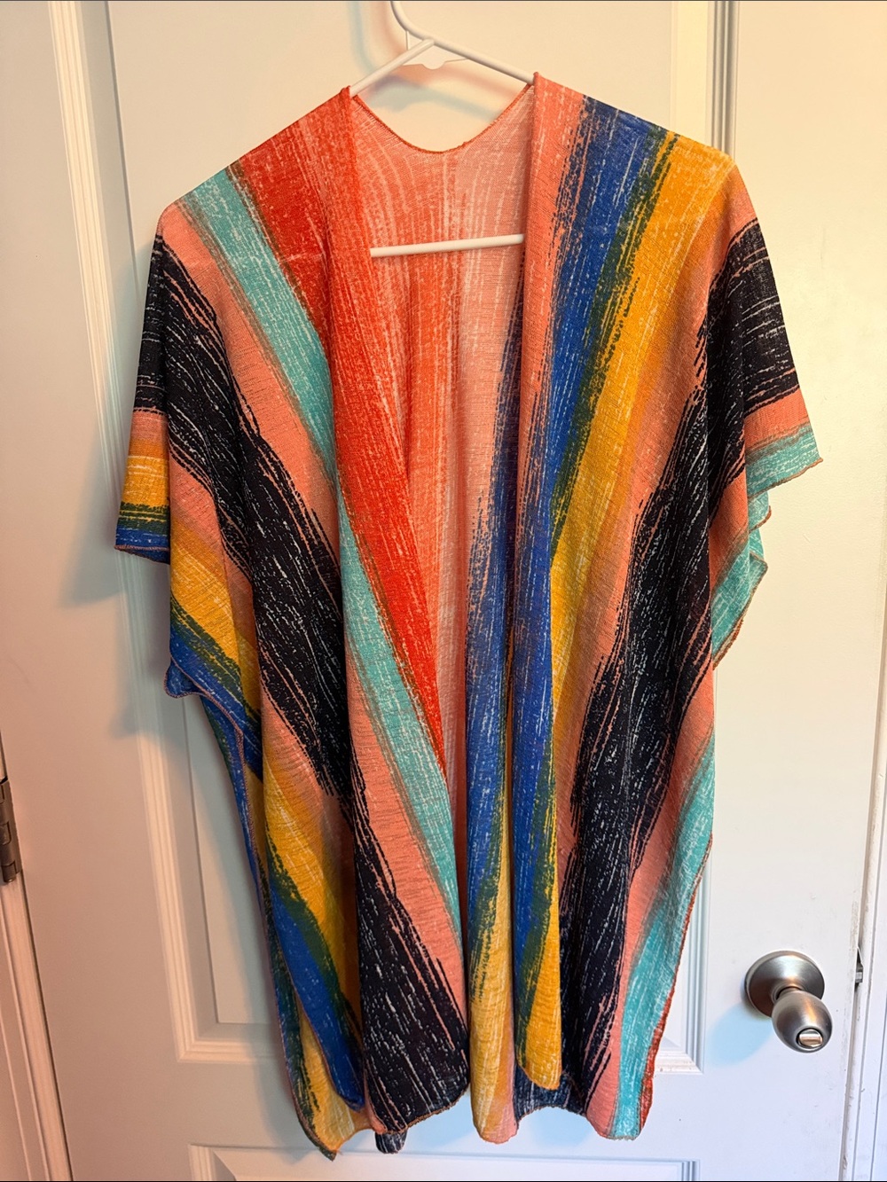 Boho Open Front Kimono Cardigan Multicolor Abstract Brushstroke Stripe Coral Tea